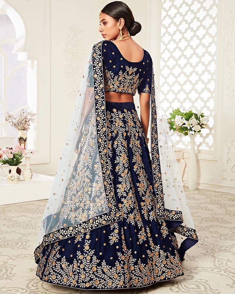 Navy Blue Color Pure Velvet Embroidered Lehenga Choli