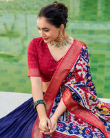 Navy Blue Color Tussar Silk Patola Printed Lehenga Choli