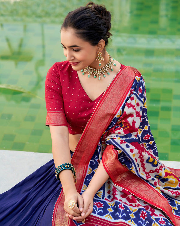 Navy Blue Color Tussar Silk Patola Printed Lehenga Choli