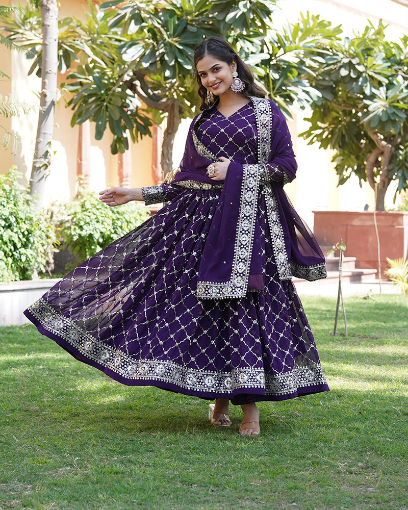 Designer Sequence Embridered Work In Faux Blooming Wine Color Anarkali Gown