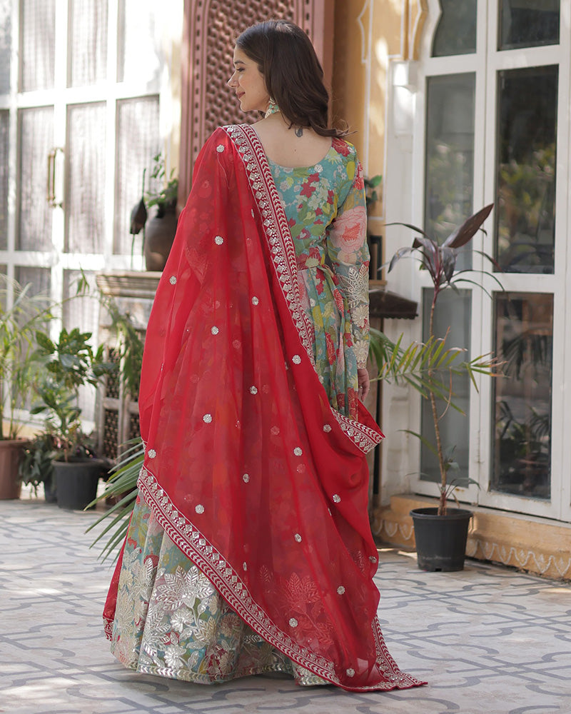 Lime Green Color Alia Cut Embroidered Gown With Dupatta