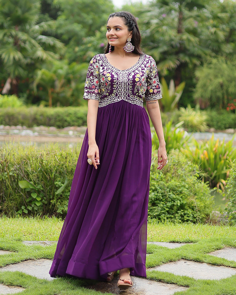 Purple Color Faux Blooming Embroidered Gown