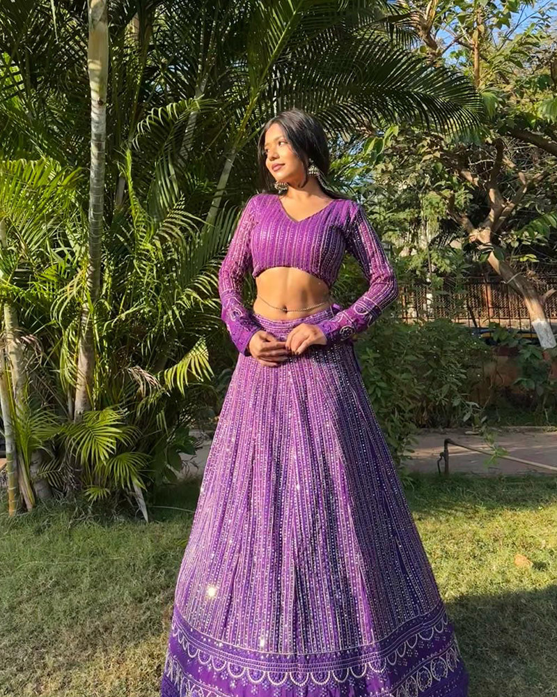Purple Color Georgette Heavy Embroidery Semi Stitched Lehenga Choli