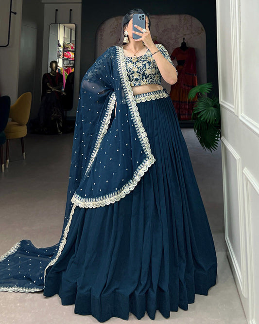 Teal Green Color Georgette Embroidered Lehenga Choli