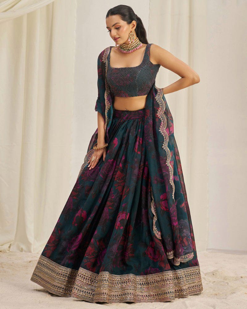 Rama And Pink Color Floral Print Soft Organza Lehenga Choli