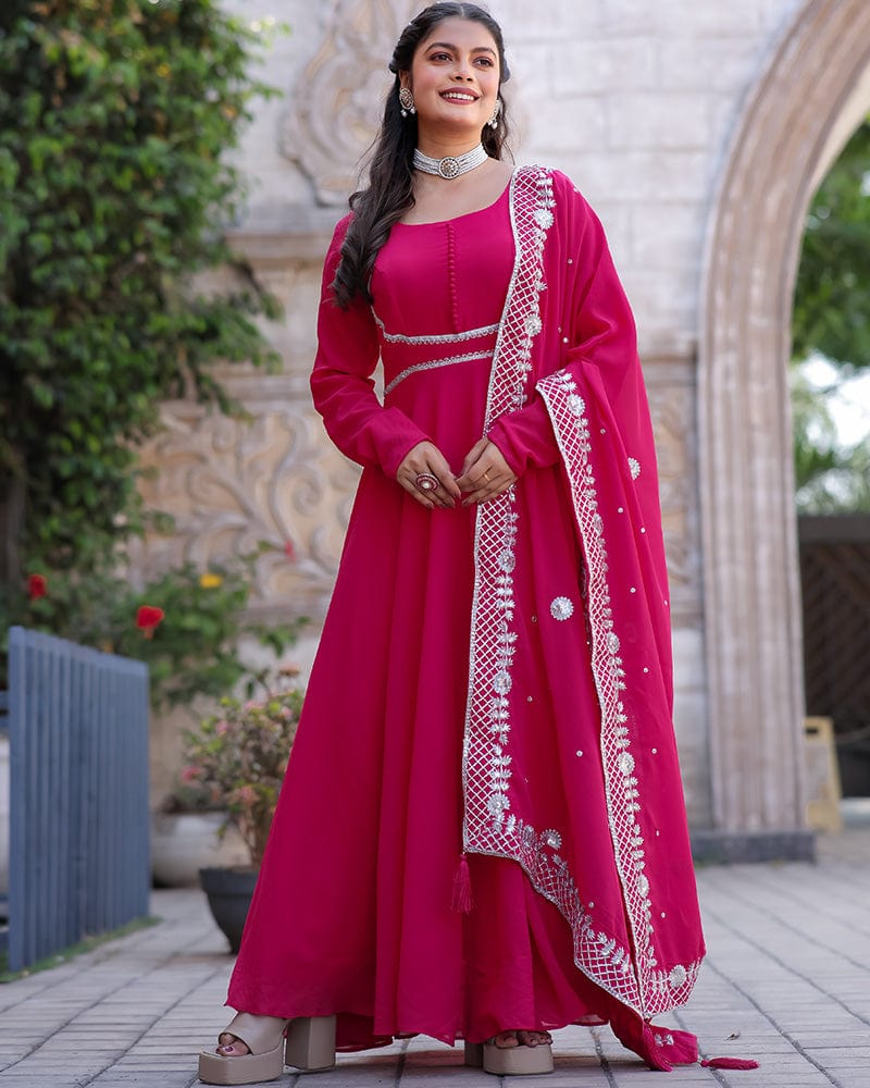 Rani Pink Embroidered Dupatta Anarkali Three Piece Suit