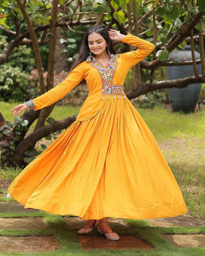 Mustard Color Reyon Designer Koti Style Navratri Gown