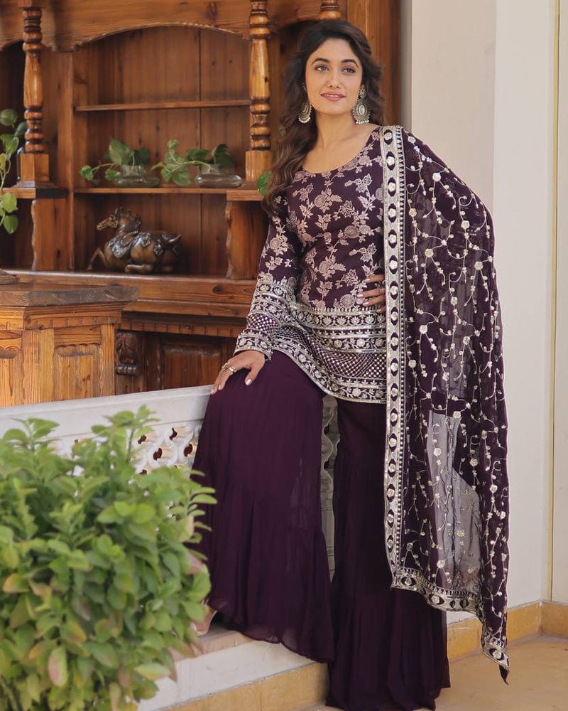 Wine Color Three Piece Gharara Suit