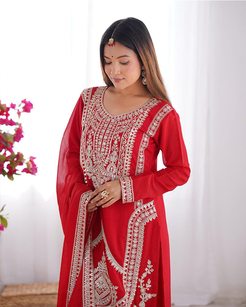 Red Color Vichitra Silk Three Piece Kurti Suit
