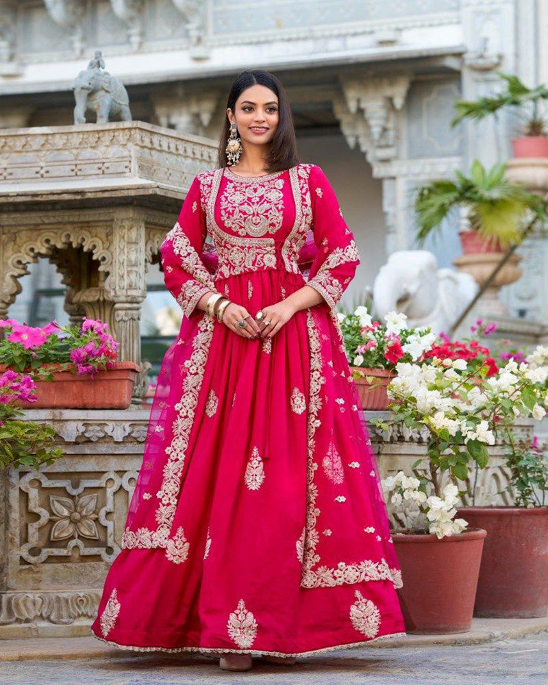 Pink Color Vichitra Silk Embroidered Gown