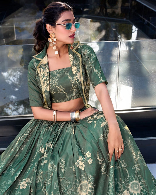 Bottle Green Color Tussar Silk Lehenga Choli With koti