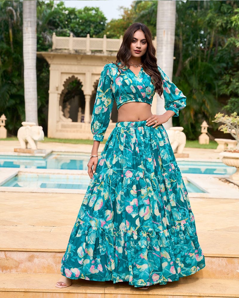 Teal green Color Georgette Printed Crop Top Lehenga Choli