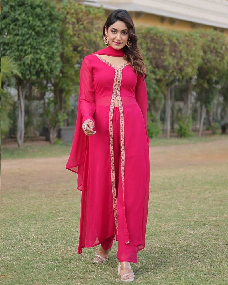 Western Designer Rani Pink Color Georgette Three Piece Kurti Suit