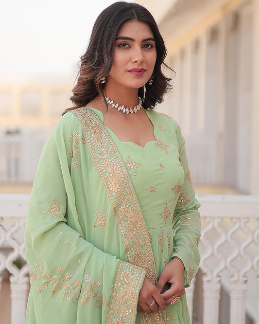 Pista Color Faux Georgette Gown With Sequins Embroidered Dupatta