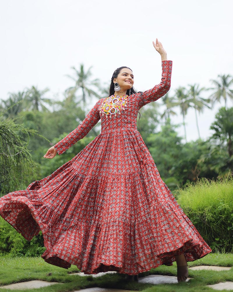 Maroon Color Cotton Gamthi Work Navratri Gown