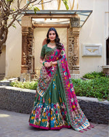 Mehndi Color Tussar Silk Kalamkari Printed Lehenga Choli