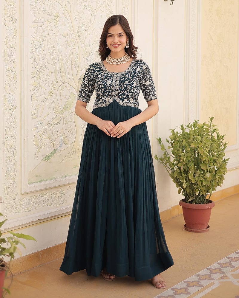 Rama Color Faux Blooming Zari sequence Embroidered Gown