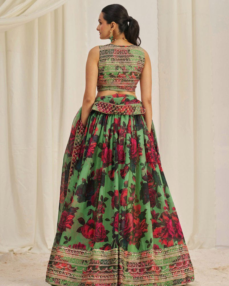 Red And Green Color Floral Printed Organza Lehenga Choli