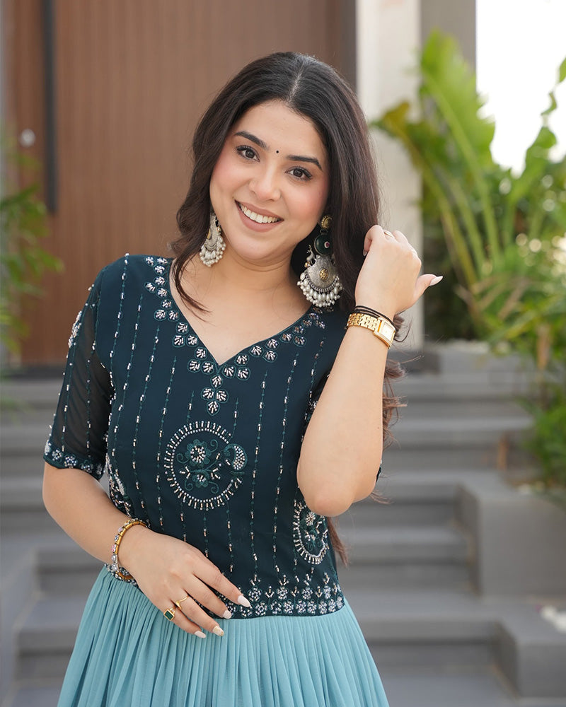 Rama Color Faux Blooming Embroidered work Gown