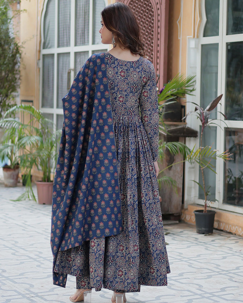 Premium Blue Color Pure Cotton Kurti With Pant And Dupatta Set