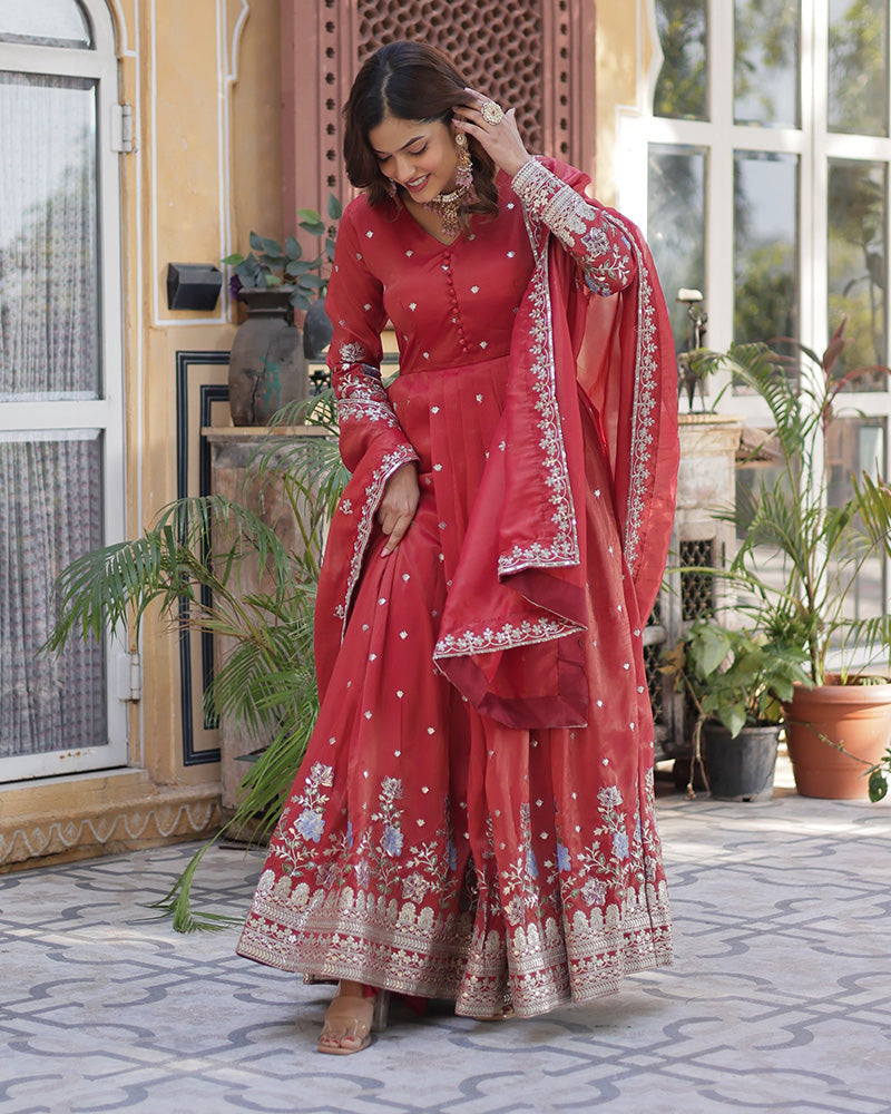 Tomato Color Embroidered Viscose Cosmos Gown With Dupatta