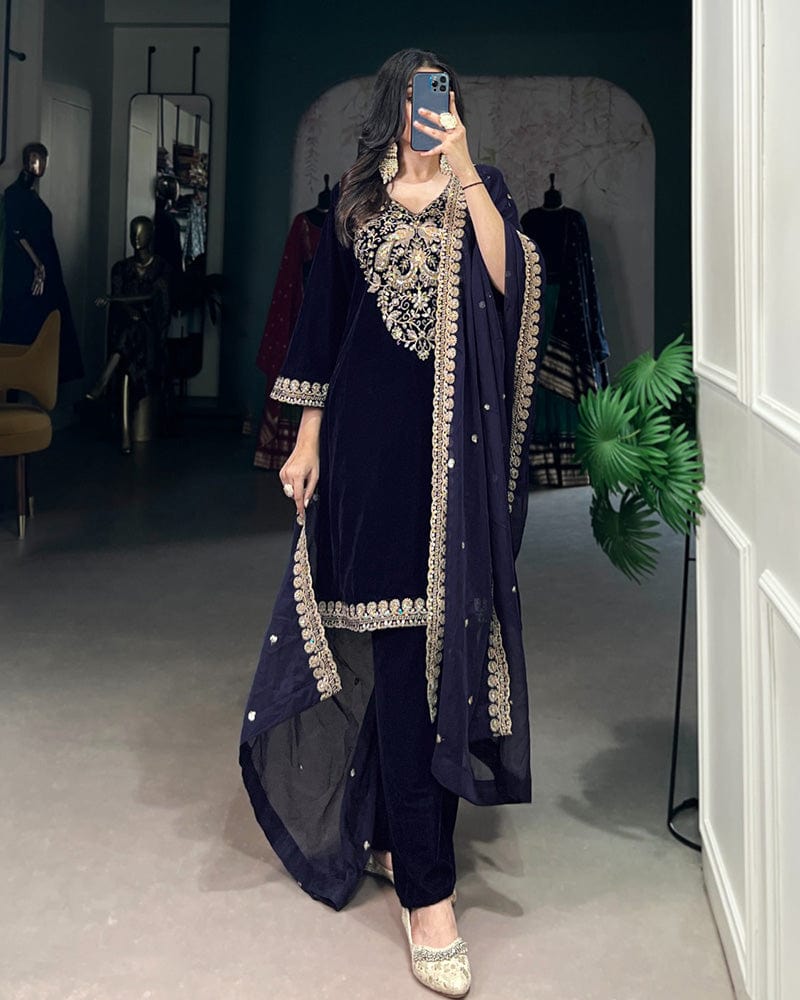 Navy Blue Color Velvet Three Piece Kurti Suit