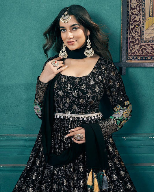 Black Color Faux Georgette Metalic Foil Work Gown With Dupatta