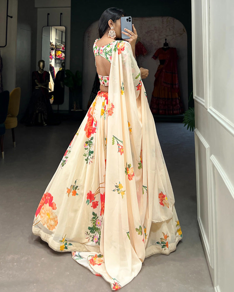 Cream Color Georgette Floral Printed Lehenga Choli