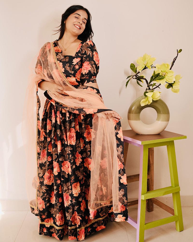 Orange And Black Color American Silk Lehenga Choli