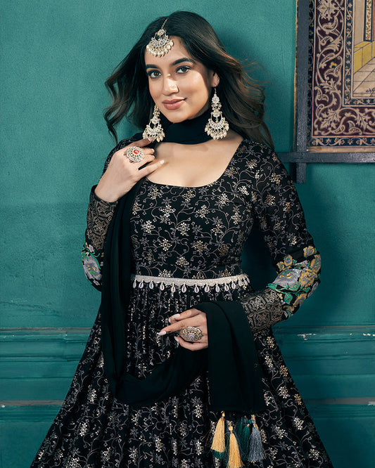 Black Color Faux Georgette Metalic Foil Work Gown With Dupatta