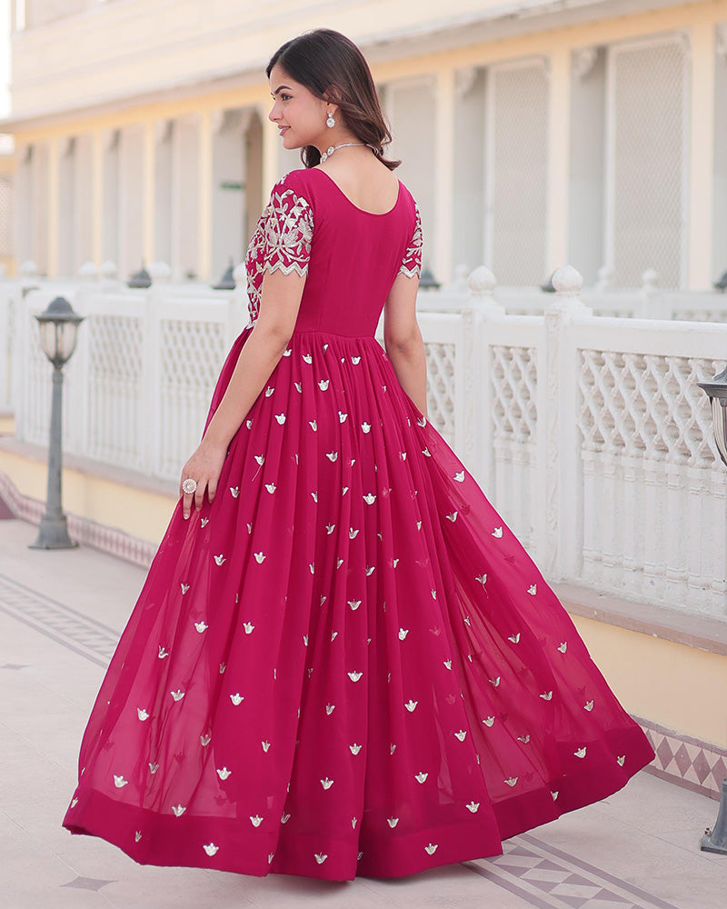 Rani Pink Color Faux Blooming Sequins Embroidered Anarkali Gown