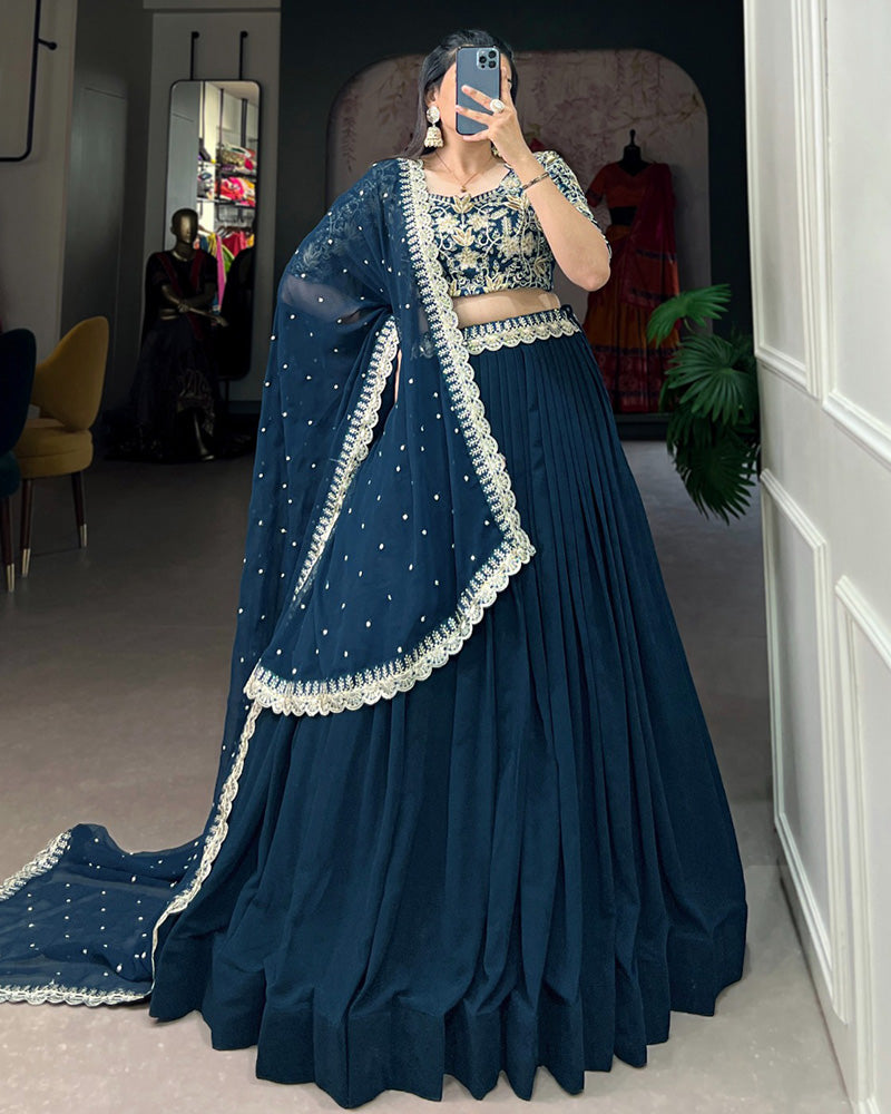 Teal Green Color Georgette Embroidered Lehenga Choli