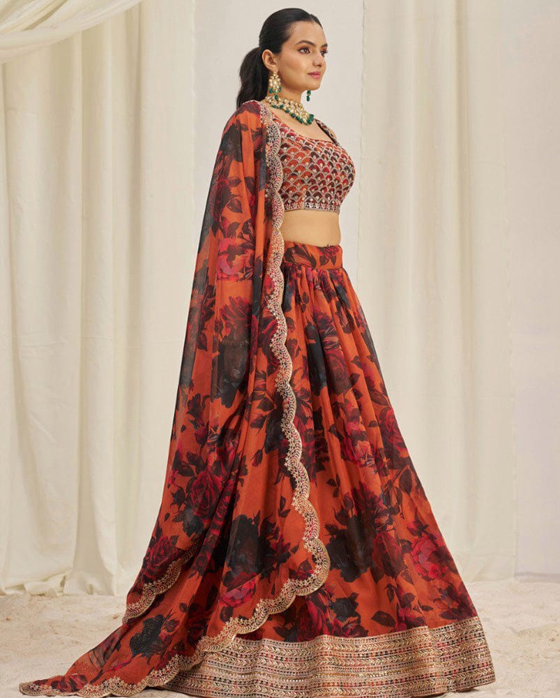 Orange And Black Color Floral Printed Organza Lehenga Choli