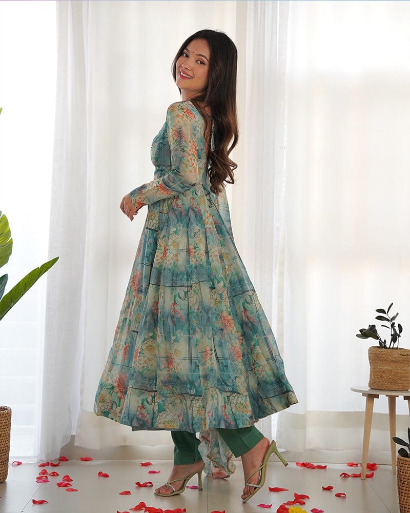 Bottle Green Color Floral Print Organza Three Piece Anarkali Suit