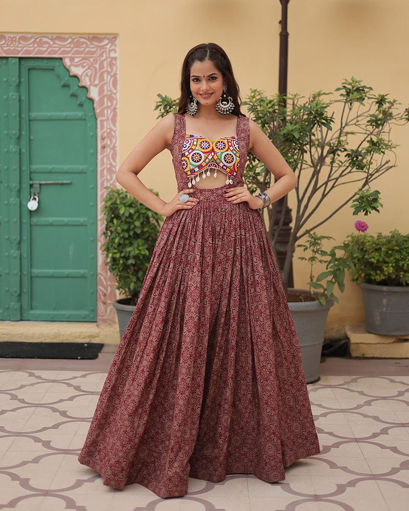 Maroon Color Cotton Printed Navratri Gown