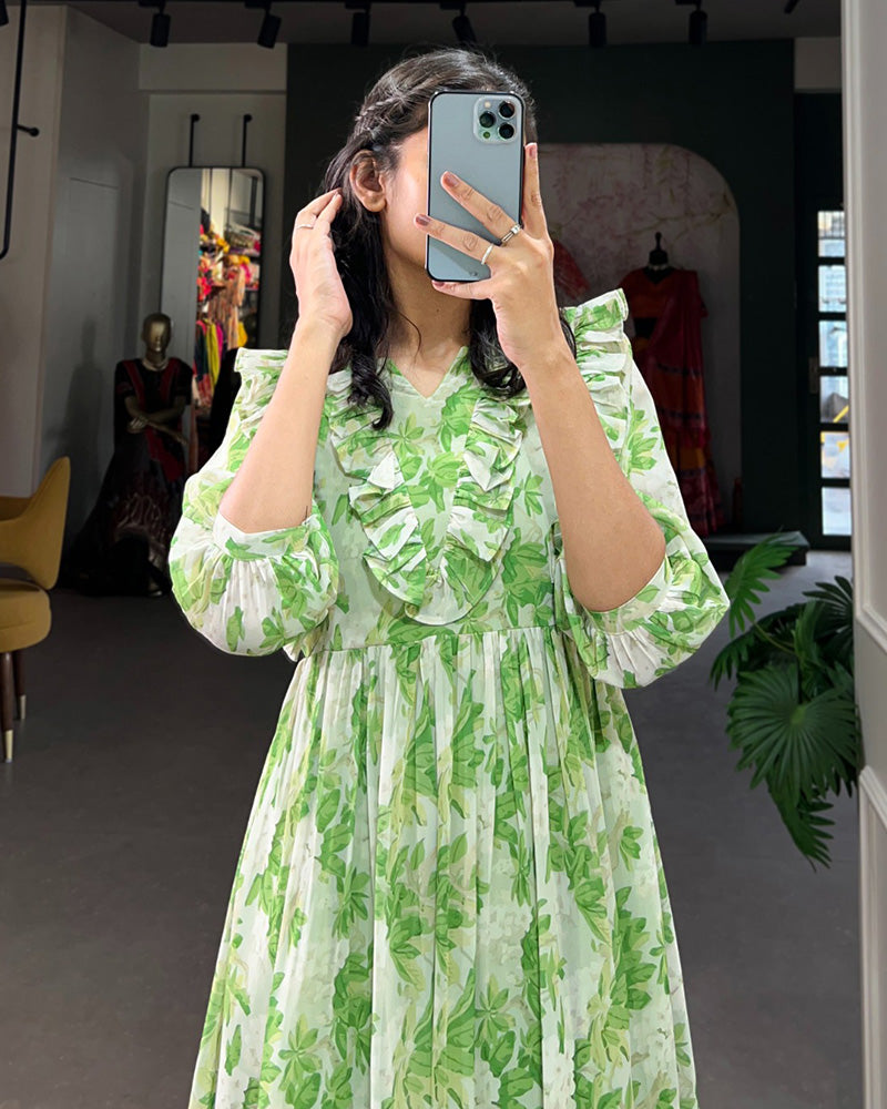 Parrot Green Color Georgette Printed Long Kurti