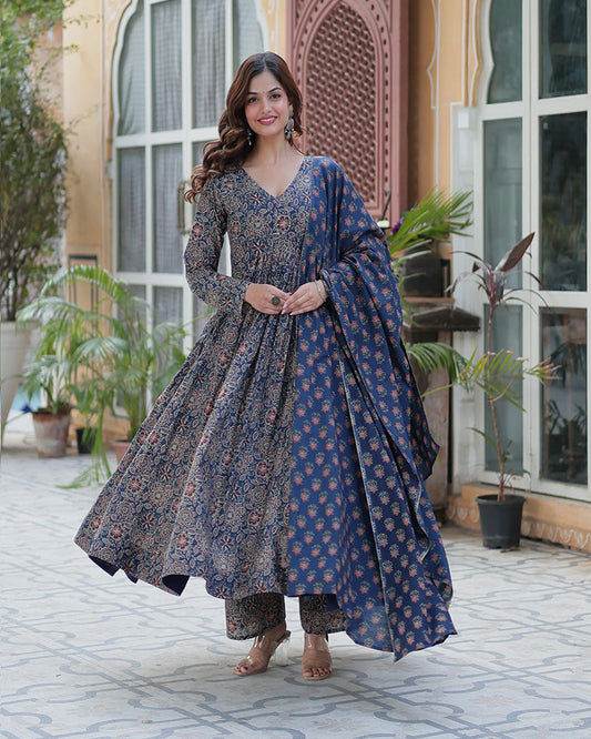 Premium Blue Color Pure Cotton Kurti With Pant And Dupatta Set