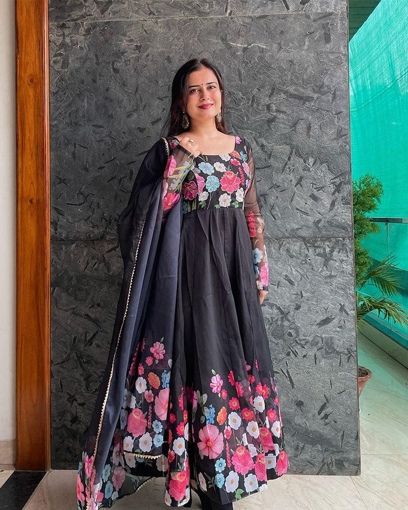 Mehak Qudora Black Floral Print Organza Three Piece Anarkali Suit