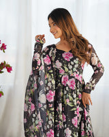 Black Color Pure Soft Organza Three Piece Anarkali Suit