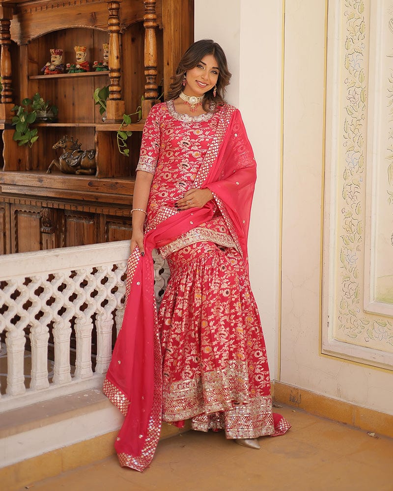 Rani Pink Color Viscose Jacquard Three Piece Gharara Suit
