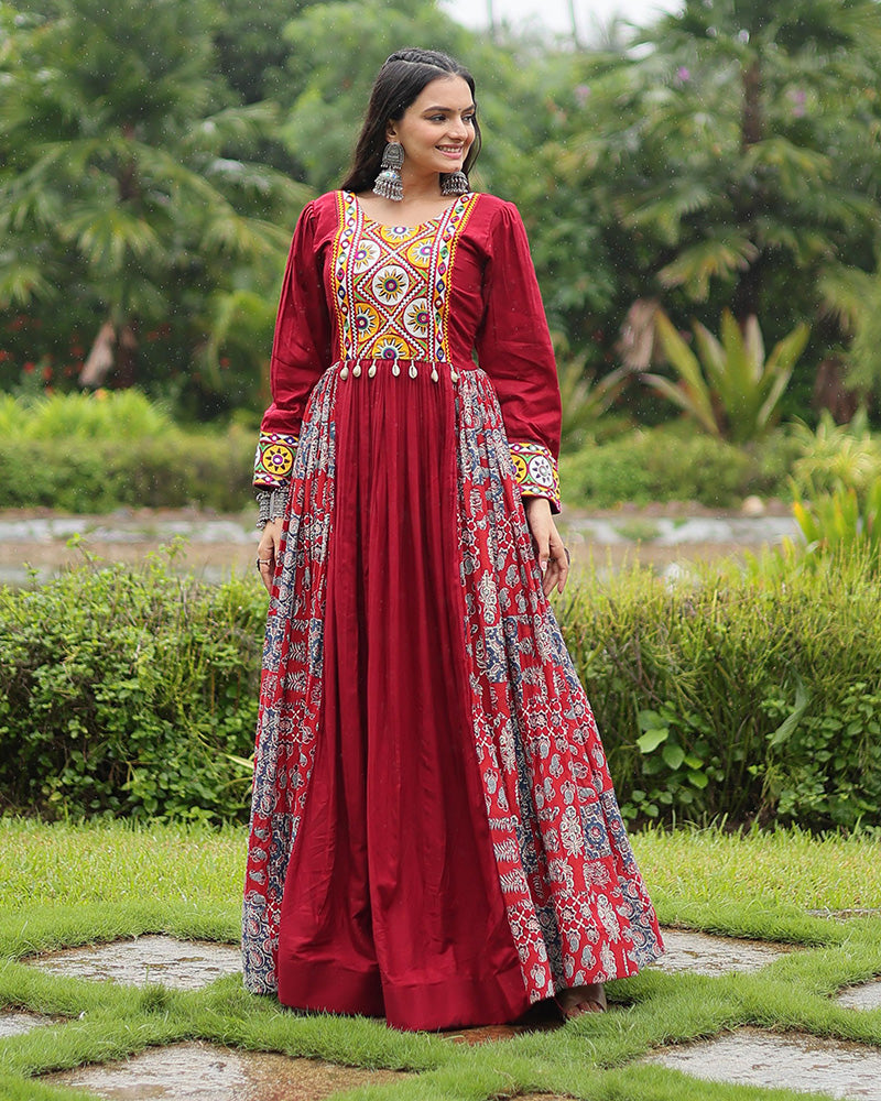 Maroon Color Rayon Gamthi Work Navratri Gown