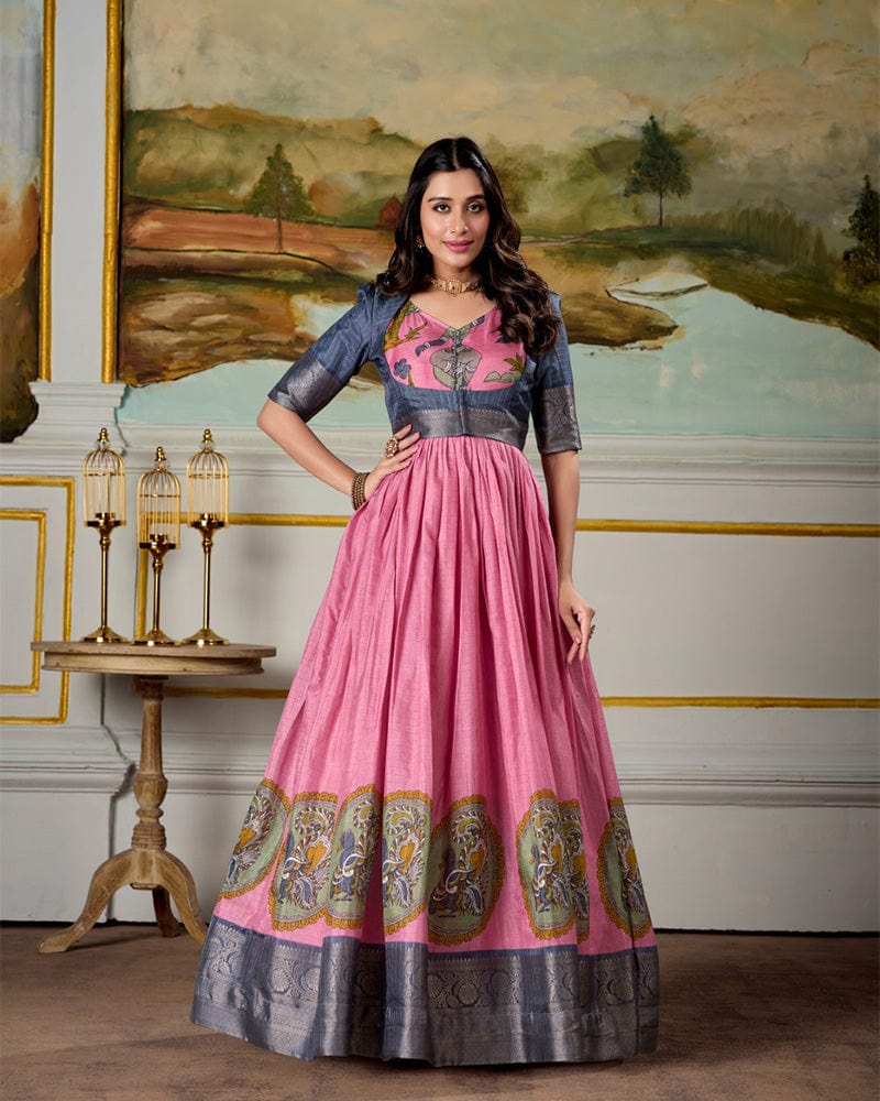 Pink Color Dola Silk Kalamkari Gown With koti