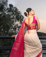 Pink And white Banarasi Soft Silk Saree
