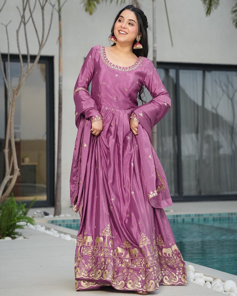 Onion Color Chinon Silk  Sequins Embroidered Gown