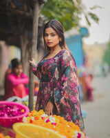 Rugee In Our Floral Print Organza Black Color Three Piece Anarkali Suit
