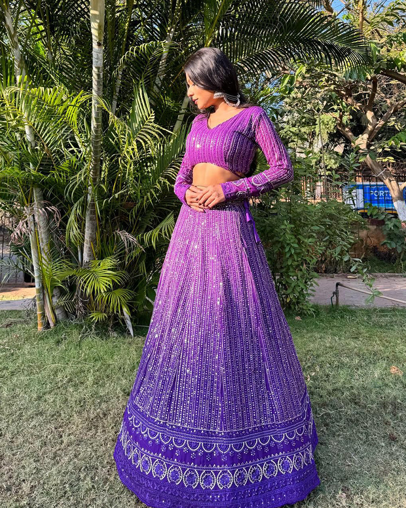 Purple Color Georgette Heavy Embroidery Semi Stitched Lehenga Choli