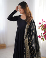 Black Color Pure Roman Silk Ruffle Style Anarkali Suit