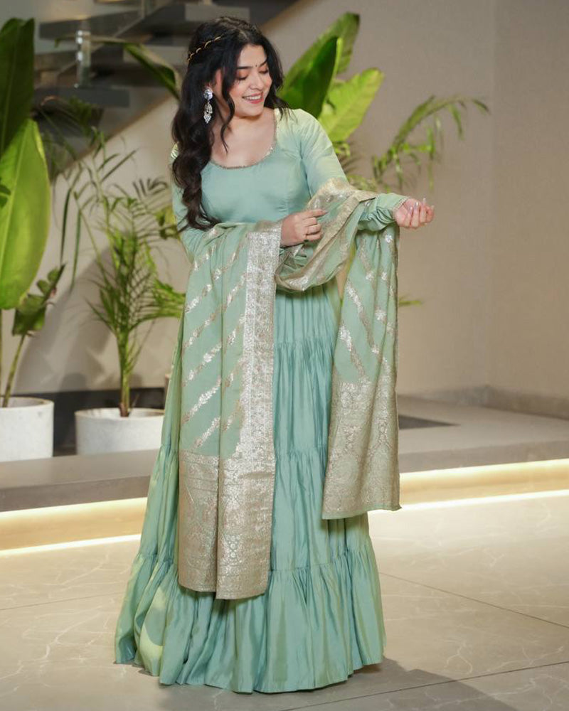 Pista Color Pure Chanderi Silk Frill Style Anarkali Suit