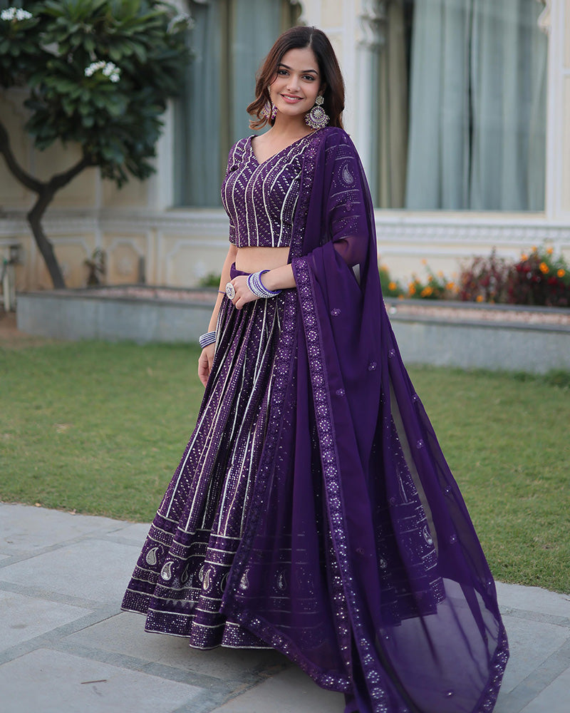 Designer Wine Color Faux Blooming Semi stitched Lehenga Choli