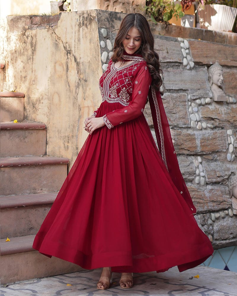 Maroon Color Faux Blooming Embroidered Gown With Dupatta